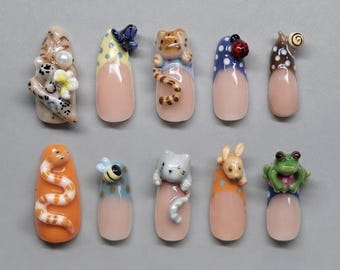 Faux ongles à coller 3D Animaux Mignons | Chat Kawaii Grenouille Serpent Escargot French