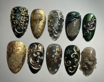 Faux ongles à pression vert et or « Sorcière des forêts » | Ongles de luxe personnalisés | Ongles pentagramme feuille de champignon 3D