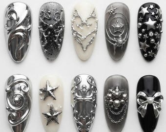 Silver Metallic Gothic Press On Nails | Chrome Cross Star Heart Bow Swirl Grey Cat Eye Y2K Cyberpunk Alt Fake Nails