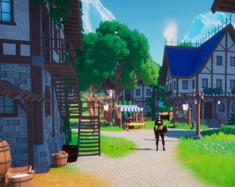 May include: A 3D rendered scene of a fantasy village with a female character in the center of the cobblestone path. The village has a market with a striped awning, wooden buildings with stone foundations, and lush green grass.