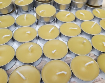 100% Pure beeswax tea light candles Wholesale bulk pack of 24 - 96 Hand poured in Ohio USA Natural honey scent candle for weddings and party