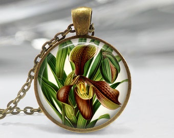 Orchid Pendant, Flower Art Pendant, Orchid Necklace, Botanical Art Jewelry, Vintage Art Pendant, Bronze, Silver, Orchid Flowers FL54