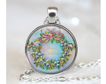 Vintage Christmas Wreath Pendant, Christmas Pendant, Mid Century Xmas Pendant, Christmas Wreath Jewelry, Bronze, Silver, Holiday Gift 1419