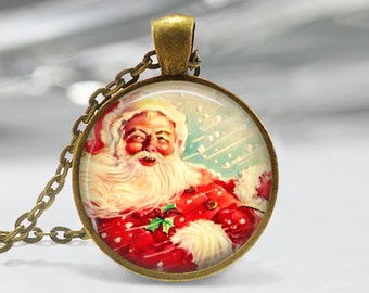 Santa Pendant, Christmas Pendant, Vintage Santa Necklace, Xmas Jewelry, Xmas Pendant, Bronze, Silver, Holiday Santa Jewelry 213