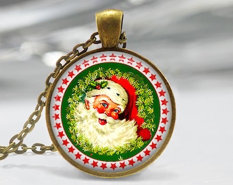 Santa Pendant, Christmas Pendant, Vintage Santa Necklace, Xmas Jewelry, Vintage Xmas Pendant, Bronze, Silver, Holiday Santa Jewelry 169