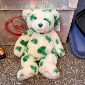Può includere: Un orsacchiotto di peluche con pelliccia bianca e un motivo a quadrifogli verdi. L'orso ha un naso ricamato in verde scuro, occhi in plastica nera e una piccola etichetta blu attaccata all'orecchio. Il peluche è in posizione seduta.