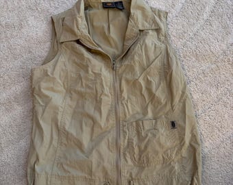 Chaleco utilitario de nailon color caqui tostado para hombre VTG Route 66 con cremallera completa, cuello y cordón ajustable, talla XL