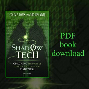 May include: A book cover with a green and black background featuring a silhouette of two people with a bright light shining between them. The title of the book is "Shadow Tech: Cracking the Codes of Personal and Collective Darkness." The subtitle is "First Edition".