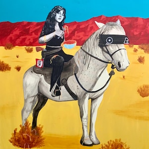 May include: An original painting depicts a woman on a white horse in a desert landscape. The horse wears a blindfold. The woman is eating spaghetti from a bowl. A red mountain range and a blue sky form the background. A sign on the saddle reads "BANG".