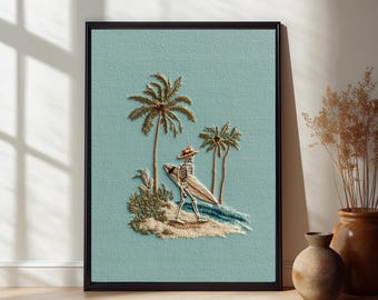 Coastal Cowboy Skeleton Surf Art Print: Cowboy Gifts, Western Beach Embroidery Art, Surfer Decor, Coastal Western Print, Digital Download