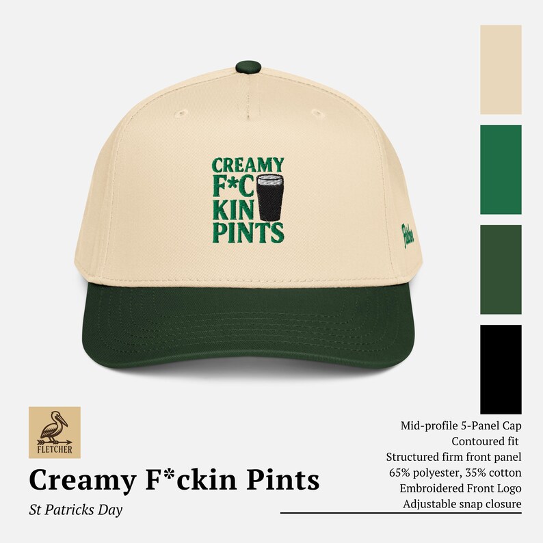 Puede incluir: Gorra de b&eacute;isbol crema y verde oscuro con el texto "CREAMY F*CKIN PINTS" en verde. La gorra tiene un panel frontal estructurado y un cierre a presi&oacute;n ajustable. Es una gorra de 5 paneles de perfil medio.