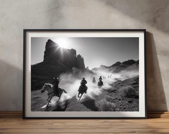 Fine Art Black and White Cowboy Print: Cowboy Riders in Monument Valley, Framed Wild West Cowboy Fine Art Photography, Western Wall Decor
