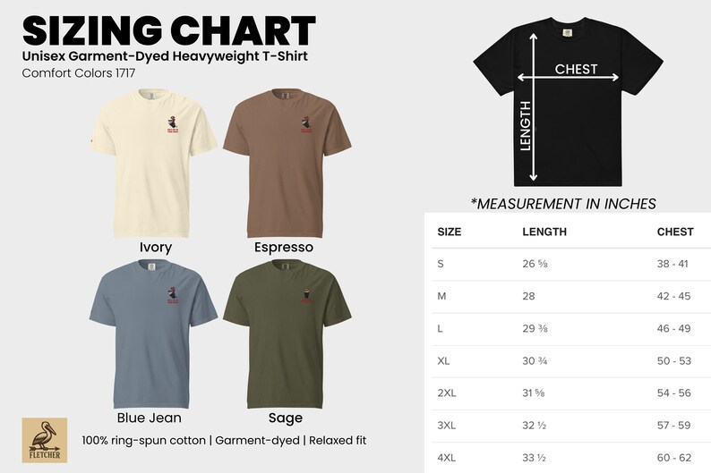 May include: A sizing chart for a unisex garment-dyed heavyweight t-shirt in ivory, espresso, blue jean, and sage colours. The chart includes measurements in inches for length and chest sizes S to 4XL. The text "SIZING CHART" is at the top.