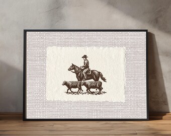 Impresión vintage de un arreo de ganado vaquero: arte de pared rústico de rancho del oeste