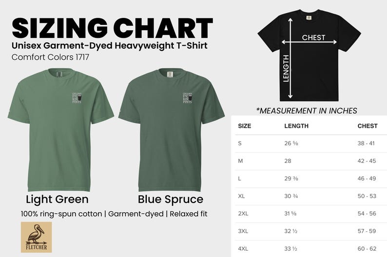 K&ouml;nnte beinhalten: Gr&ouml;&szlig;entabelle f&uuml;r ein Unisex-T-Shirt aus schwerem, st&uuml;ckgef&auml;rbtem Stoff in Hellgr&uuml;n und Blaufichte. Die Tabelle enth&auml;lt Ma&szlig;e in Zoll f&uuml;r Brust und L&auml;nge, von Gr&ouml;&szlig;e S bis 4XL. Das Shirt besteht aus 100 % ringgesponnener Baumwolle.