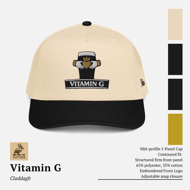 May include: A beige and black baseball cap with the text "Vitamin G" and a Claddagh design. The cap has a structured front panel and an adjustable snap closure. The cap is made of 65% polyester and 35% cotton.