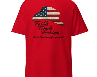 Patriotic Tee: Faith, Family, Freedom - American Flag Graphic