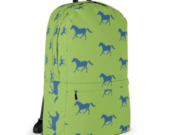Blue Horse Pattern Backpack: Water-Resistant Polyester Book Bag