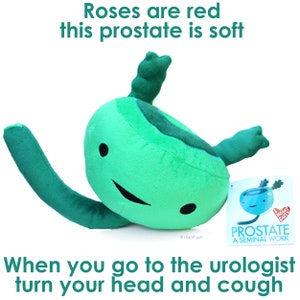 May include: A plush, green prostate toy with a smiling face and outstretched arms. The toy has a darker green stripe across the top. A small tag reads "PROSTATE A SEMINAL WORK". The text "Roses are red this prostate is soft" is above the toy.