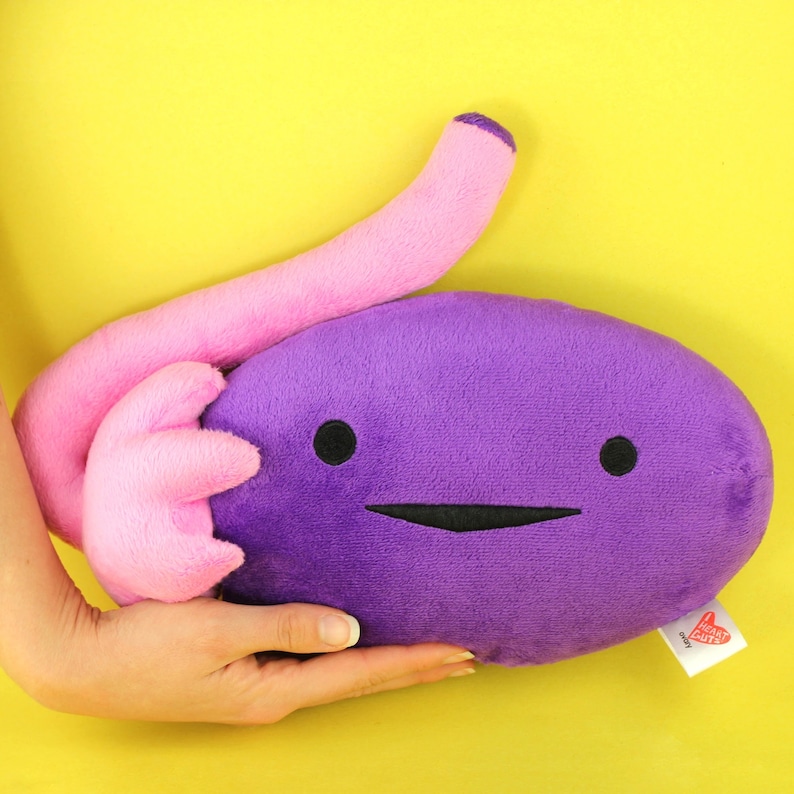 Puede incluir: Un ri&ntilde;&oacute;n de felpa morado con un tubo de felpa rosa unido a &eacute;l. El ri&ntilde;&oacute;n tiene una cara sonriente con ojos negros y una boca. El juguete de felpa est&aacute; sostenido en una mano.