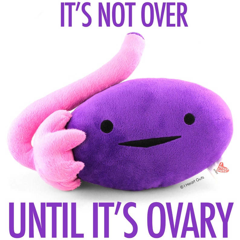 Puede incluir: Un juguete de peluche morado con forma de ovario y una cola rosa. El juguete tiene una cara sonriente y el texto "It's not over until it's ovary" est&aacute; escrito debajo del juguete.