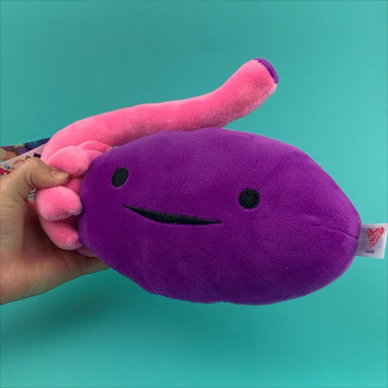Puede incluir: Juguete de peluche morado con forma de ri&ntilde;&oacute;n con un tubo de peluche rosa adjunto. El ri&ntilde;&oacute;n tiene una cara sonriente con ojos negros y una boca.