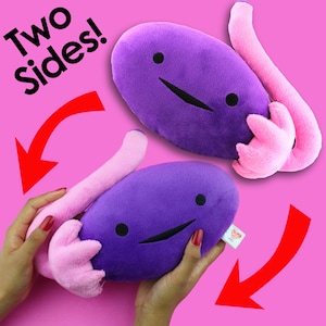 Puede incluir: Dos juguetes de peluche de color morado con forma de ri&ntilde;&oacute;n, con colas rosas y caras felices. El texto "Two Sides!" es visible en la imagen.