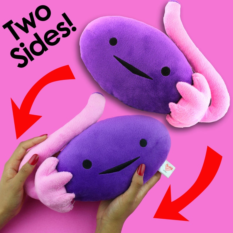 Puede incluir: Dos juguetes de peluche de color morado con forma de ri&ntilde;&oacute;n, con colas rosas y caras felices. El texto "Two Sides!" es visible en la imagen.