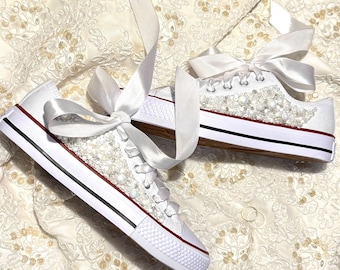 Embroidered Beaded Bridal Sneakers: Custom Wedding Shoes