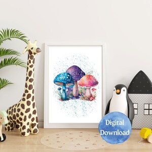 Watercolor Mushroom Art, Colorful Mushroom Printable, Mushroom Decor