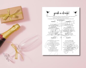 Pode incluir: Um jogo de festa com o texto "grab a drink!" e uma lista de prompts. A imagem inclui uma garrafa de champanhe, uma taça de champanhe com uma fita dourada e uma caixa de presente embrulhada com uma fita dourada, tudo em um fundo rosa.