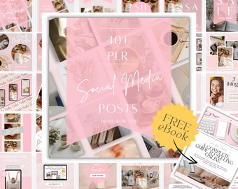 Op de afbeelding: Een collage van roze en witte social media berichten met de tekst "40+ PLR Social Media Posts Done For You" en een gele ster met de tekst "Free eBook".