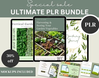May include: A digital product bundle for gardening enthusiasts. The bundle includes three e-books: "Vertical Garden for Beginners", "Harvesting & Storing Your Garden Vegetables", and "Gardening Journal". The image also includes mockups of the e-books on a phone and tablet.
