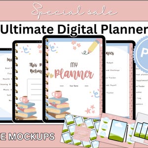 Può includere: Un mockup di un planner digitale con uno schema di colori rosa e blu. Il planner include sezioni per obiettivi, finanze, salute, pulizia, pasti, cura di sé e altro ancora. Il planner include anche una sezione per appunti e una sezione per tenere traccia delle abitudini. Il planner è progettato per aiutare gli utenti a rimanere organizzati e sulla buona strada per raggiungere i propri obiettivi.