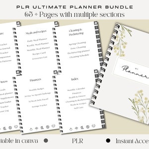 Può includere: Un planner bianco con un design floreale e il testo "My Planner" sulla copertina. Il planner è diviso in sezioni per l'auto-cura, i pasti e le ricette, la pulizia e il disordine, la salute e il fitness, le finanze e un indice. Il planner è modificabile in Canva e include oltre 65 pagine.