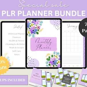 Könnte beinhalten: Ein digitales Planer-Paket mit floralem Design. Das Paket beinhaltet einen 2024-Zielplaner, Finanzen, Gesundheit und Fitness, Reinigung und Entrümpelung, Mahlzeiten und Rezepte, Selbstpflege und Notizen. Das Paket beinhaltet auch einen Monats-Planer mit floralem Design und eine Kalenderseite. Das Paket enthält über 70 Seiten und Mockups sind enthalten.
