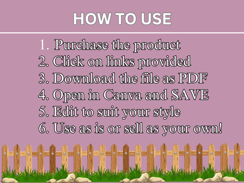 May include: A graphic with instructions on how to use a product. The text reads "HOW TO USE" followed by numbered steps: purchase, click links, download PDF, open in Canva, edit, and use or sell. A wooden fence and grass border the bottom.