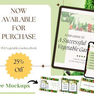 Könnte beinhalten: Ein digitales Mockup eines E-Book-Covers mit dem Titel "Ihr Leitfaden für einen erfolgreichen Gemüsegarten". Das Cover zeigt einen grünen Hintergrund mit einer Vielzahl von Gemüse und einem Inhaltsverzeichnis. Das E-Book ist zum Kauf mit 25% Rabatt erhältlich. Kostenlose Mockups sind ebenfalls verfügbar.