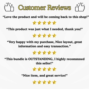 May include: Image featuring customer reviews with thumbs-up icons and gold stars. Text includes positive feedback such as "Love the product," "just what I needed," and "OUTSTANDING." The phrase "Customer Reviews" is in a decorative font.