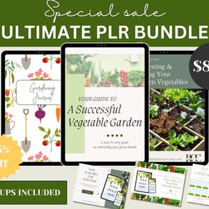 May include: A digital product bundle for gardening enthusiasts, featuring a gardening journal, a guide to growing vegetables, and a printable checklist. The bundle is available for $8.99 and includes mockups.