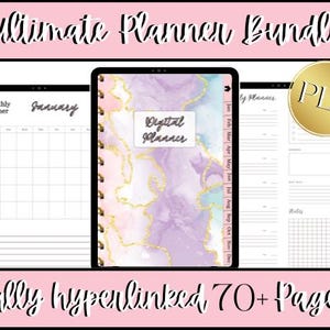 May include: A digital planner bundle with a purple, pink, and blue marble design. The text "Ultimate Planner Bundle" is at the top of the image. The text "Digital Planner" is in a white box on the cover of the planner. The text "fully hyperlinked 70+ Pages" is at the bottom of the image. The text "PLR" is in a gold circle.