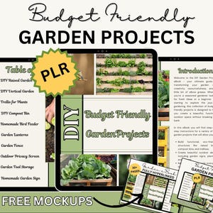 Puede incluir: Maquetas digitales de un libro electrónico de proyectos de jardinería DIY. La portada muestra el título "Budget Friendly Garden Projects" con imágenes de plantas y elementos de jardín. Incluye una insignia "PLR" y el texto "Free Mockups".