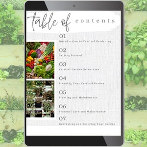 Pode incluir: Um tablet digital que exibe uma tabela de conte&uacute;do para um guia sobre jardinagem vertical. A tabela de conte&uacute;do inclui t&oacute;picos como a introdu&ccedil;&atilde;o &agrave; jardinagem vertical, como come&ccedil;ar, as estruturas de jardim vertical, o planejamento do seu jardim vertical, o plantio e a manuten&ccedil;&atilde;o, os cuidados e a manuten&ccedil;&atilde;o sazonais, e a colheita e o prazer do seu jardim.