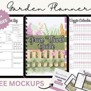 May include: Digital garden planner with a floral design. The planner includes a plant log, veggie calendar, and a "Green Thumb Guide". The image also includes the text "50+ PAGES" and "FREE MOCKUPS".