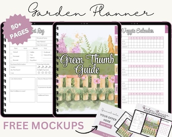 Puede incluir: Planificador de jardín digital con diseño floral. El planificador incluye un registro de plantas, un calendario de verduras y una "Green Thumb Guide". La imagen también incluye el texto "50+ PAGES" y "FREE MOCKUPS".