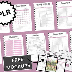 May include: A collection of spiral-bound planners and notebooks with pink and white pages. The planners include sections for garden calendars, to-do lists, and expense trackers. The image also features the text "FREE MOCKUPS" and "PLR".