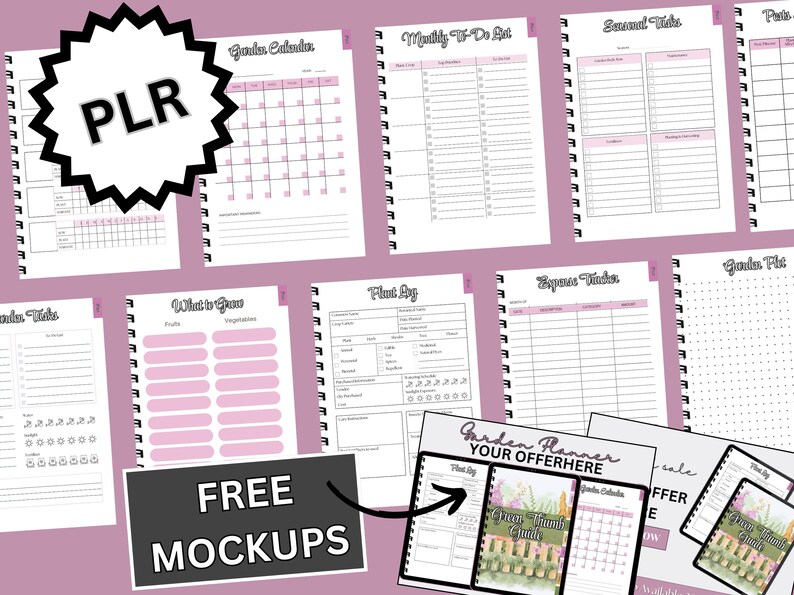 May include: A collection of spiral-bound planners and notebooks with pink and white pages. The planners include sections for garden calendars, to-do lists, and expense trackers. The image also features the text "FREE MOCKUPS" and "PLR".