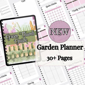 May include: A digital garden planner with a watercolor illustration of a garden scene on the cover. The planner includes sections for garden calendars, to-do lists, and more. The text "Green Thumb Guide" and "Garden Planner" are visible.
