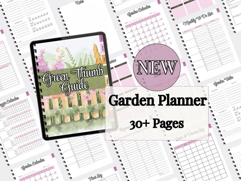 May include: A digital garden planner with a watercolor illustration of a garden scene on the cover. The planner includes sections for garden calendars, to-do lists, and more. The text "Green Thumb Guide" and "Garden Planner" are visible.
