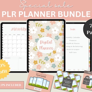 May include: A digital planner bundle with a floral design. The planner includes a monthly calendar, finances, health and fitness, cleaning and decluttering, meals and recipes, and self-care sections. The bundle includes 70+ pages and mockups are included.